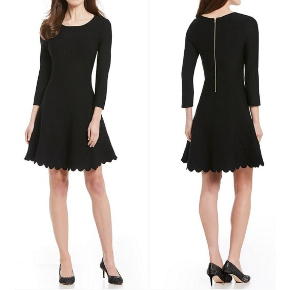 Antonio Melani NWT Black Scallop Hem‎ Fit & Flare Knit Dress Sz L Floral Texture